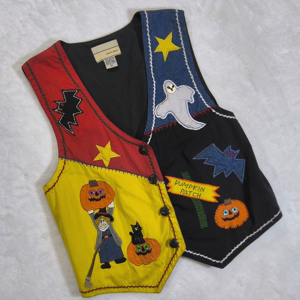 Vintage Carrie Allen Halloween Vest Womens Medium Embroidered Ghost Pumpkin Bat